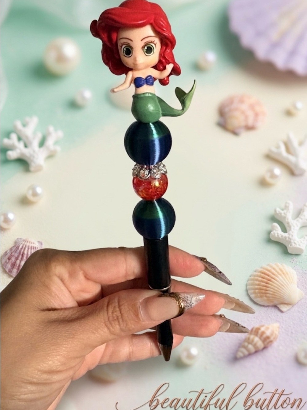 Custom Pen 
Mermaid Beaded Pen - Red Hair, Green Tail